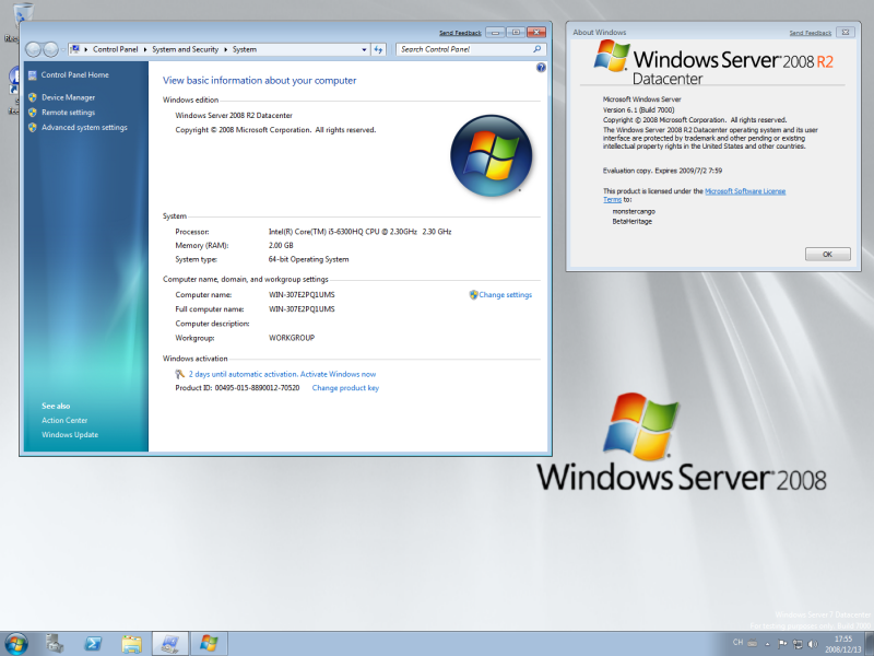 文件:WindowsServer2008R2-6.1.7000.0.winmain win7beta.081212-1400-WindowsBasic-System Properties and winver.png