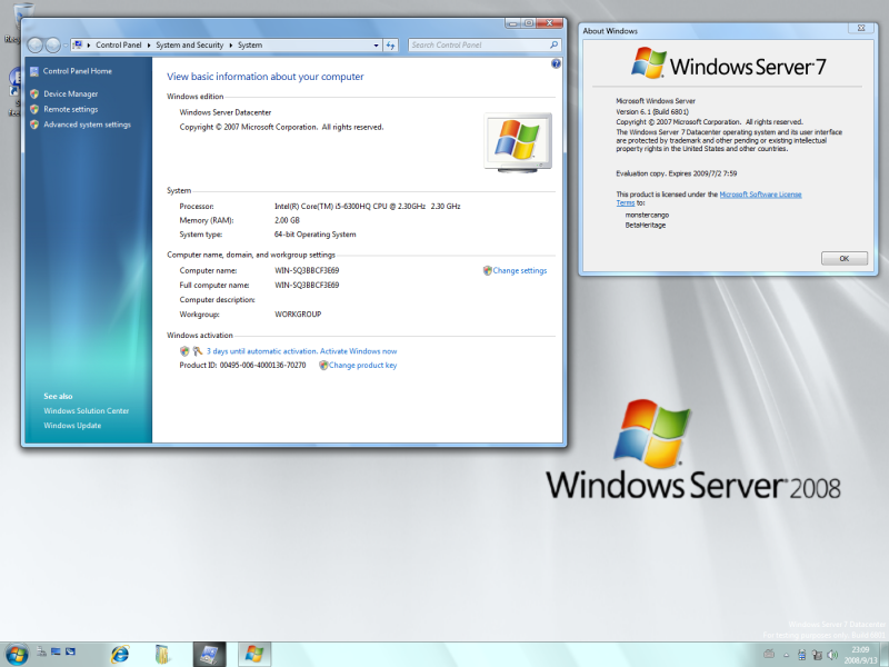 文件:WindowsServer2008R2-6.1.6801.0.winmain win7m3.080913-2030-SuperBarinWindowsAero-System Properties and winver.png